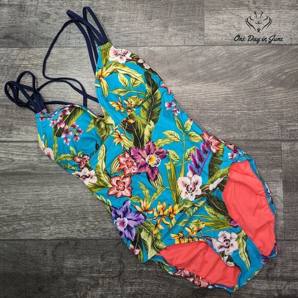 Coastal Blue Strappy Back Floral One Piece Swimsuit Size S - Picture 1 of 4
